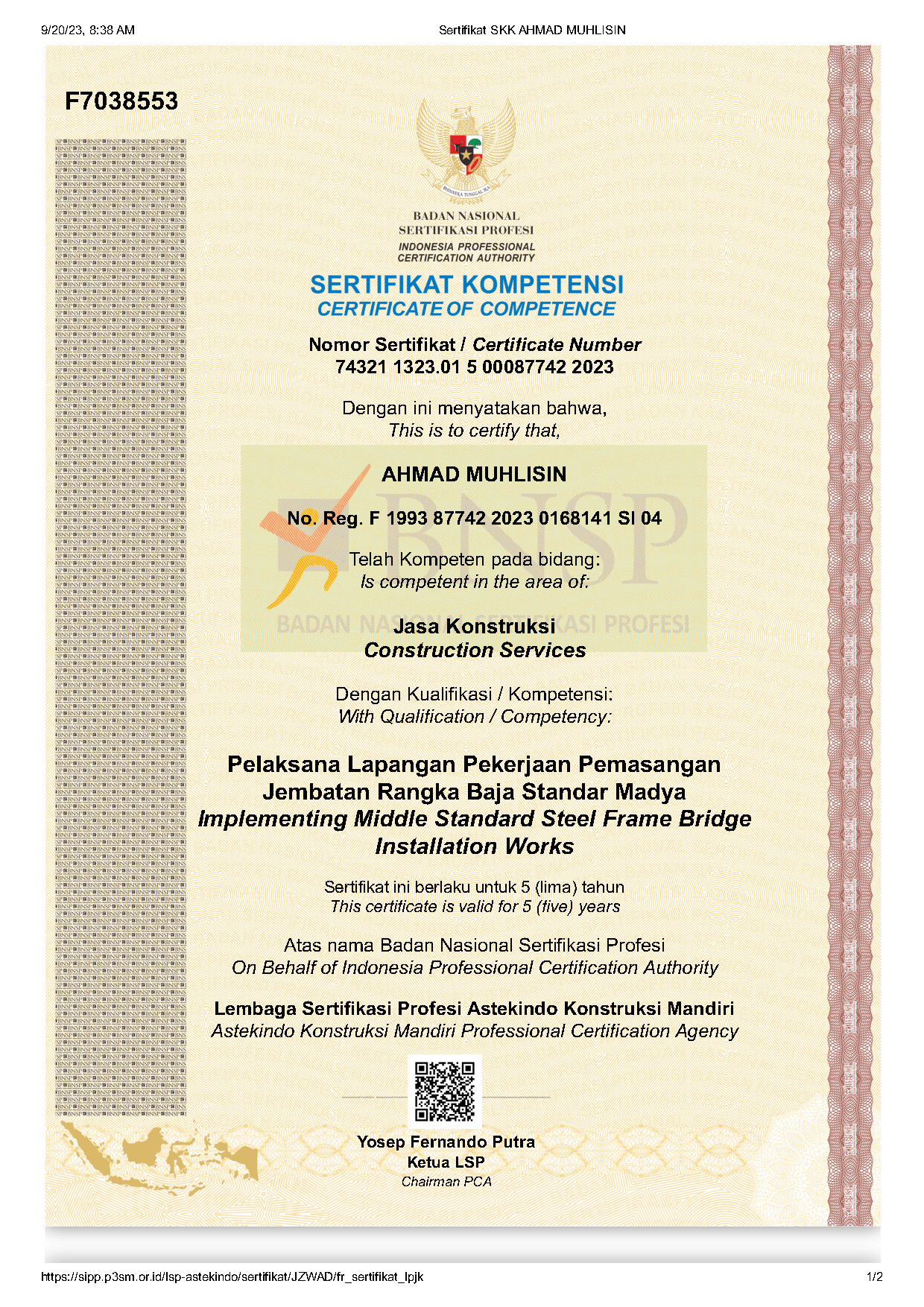 Pelaksana Lapangan Pekerjaan Pemasangan Jembatan Rangka Baja Standar Madya