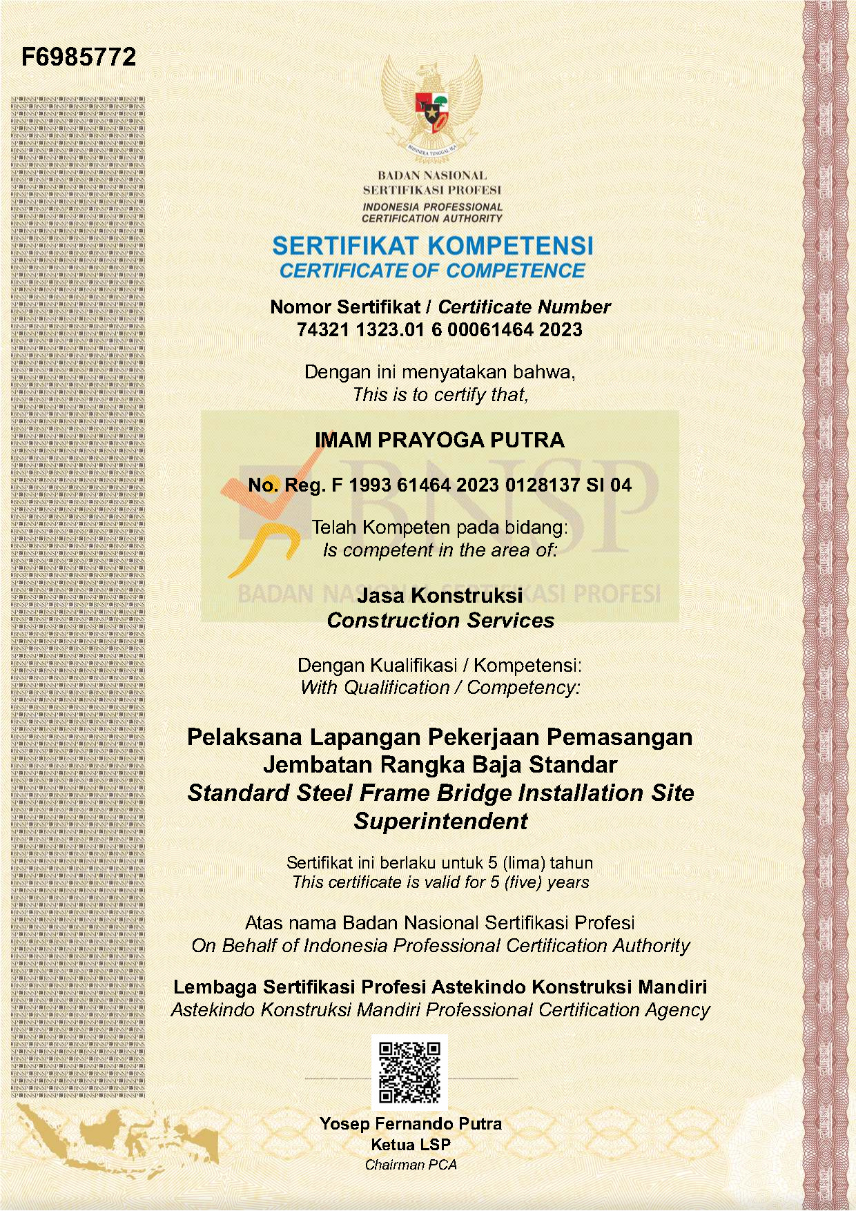 Pelaksana Lapangan Pekerjaan Pemasangan Jembatan Rangka Baja Standar